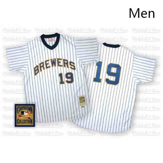 Mens Mitchell and Ness Milwaukee Brewers 19 Robin Yount Replica WhiteBlue Strip Throwback MLB Jersey